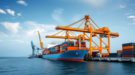 Fototapeta premium Large cargo ship docked at port, surrounded by industrial cranes unloading containers. vibrant orange cranes contrast against blue sky and water, creating dynamic scene of maritime activity