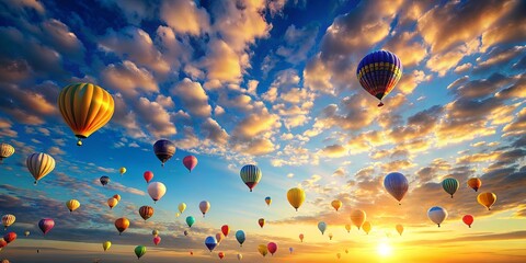 Obraz premium A symphony of vibrant hot air balloons gracefully navigate the sky, their colorful canopies contrasting against a backdrop of golden clouds, casting a warm glow on the horizon.
