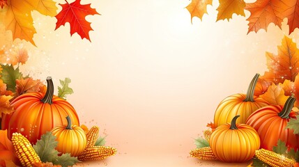 Autumnal Background with Pumpkins, Corn, and Leaves