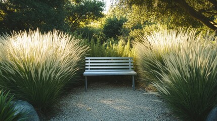 A lone metal bench sits between tall ornamental grasses in a sunny garden