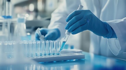 A laboratory technician preparing samples for analysis with pipettes and test tubes in a cleanroom lab, Precise style, photo of