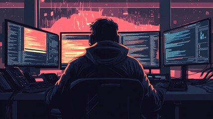 Illustration of a deep dark web bad actor hacker sitting in front of multiple monitor screens that display data information stolen identity cyber security threat