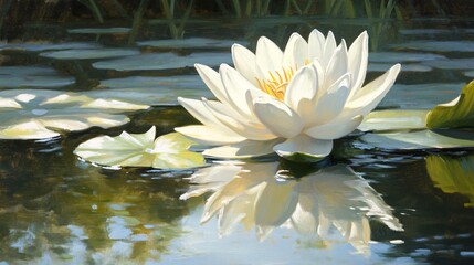 2410 9.A pristine white lotus rests on calm waters, its reflection mirrored perfectly on the surface. Lily pads surround the flower, and soft sunlight filters through the scene, illuminating the