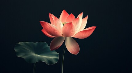 2410 27.A minimalist vector design featuring a lotus flower with gently curved petals and wide, round leaves, isolated on a black background. The sharp contrast between the vibrant flower and the