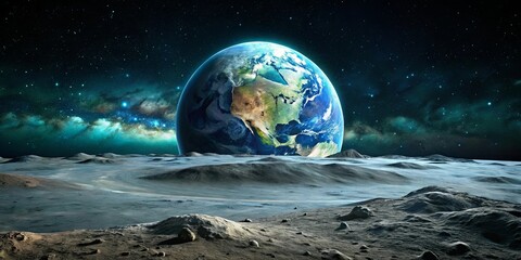 A celestial panorama with a blue and green planet rising over a desolate and barren landscape, illuminated by a starry sky with a faint green nebula.