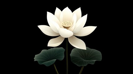 Obraz premium 2410 27.A minimalist vector design featuring a lotus flower with gently curved petals and wide, round leaves, isolated on a black background. The sharp contrast between the vibrant flower and the