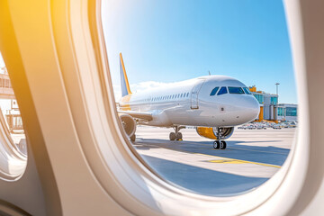 A clear view of an airplane on tarmac, seen through an aircraft window, captures excitement of travel. bright sunlight enhances scene, creating sense of adventure and anticipation