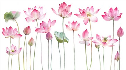 2410 35.A collection of watercolor pink lotus flowers arranged in a loose, flowing composition on a white background. The gentle color palette and artistic brushstrokes create a serene and graceful