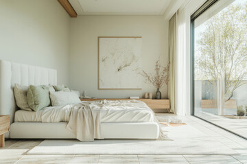A serene bedroom featuring cozy bed adorned with soft pillows and light blanket. Natural light floods space through large windows, enhancing calming atmosphere
