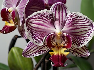 Beautiful white to purple orchid flowers photographed close up during the day with dark lighting