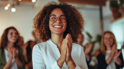 Obraz premium A joyful woman with curly hair and glasses claps enthusiastically in lively gathering, surrounded by smiling people. atmosphere is filled with positivity and celebration