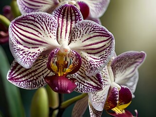 Beautiful white to purple orchid flowers photographed close up during the day with dark lighting