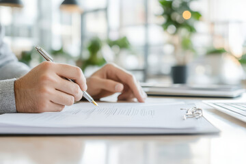 A person is writing on document with pen in modern office setting, surrounded by greenery and natural light, creating productive atmosphere