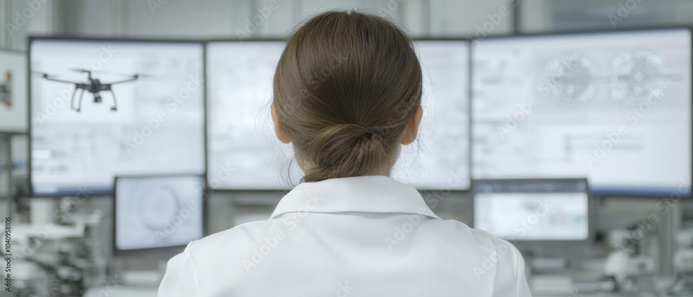 Poster Female Engineer Programming Drone in High-Tech Facility