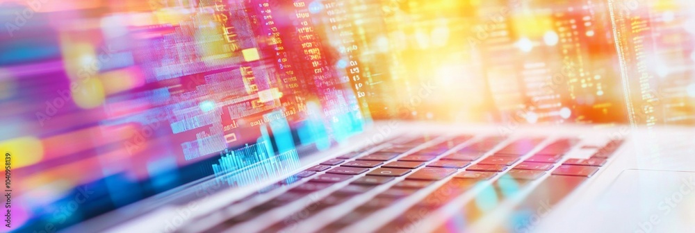 Poster Colorful Laptop Keyboard with Holographic Projections of Data Visualizations - Close-up, Modern Technology