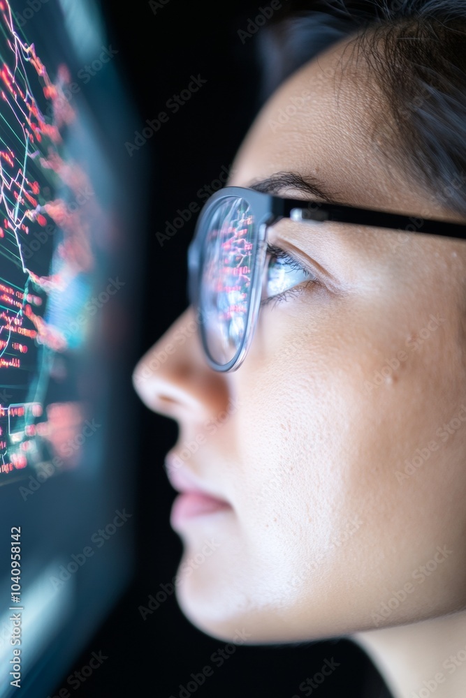 Poster Focused Female Data Scientist Analyzing Holographic Display in High-Tech Lab at Night