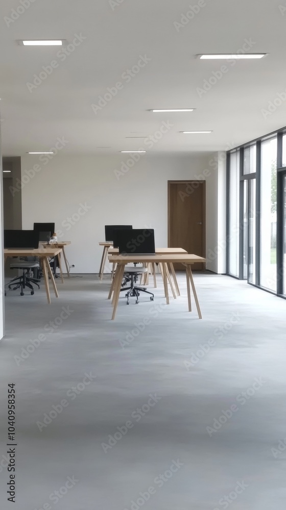 Poster Modern Minimalistic Office Space with Clean Design and Natural Light, Featuring Empty Desks and Monitors