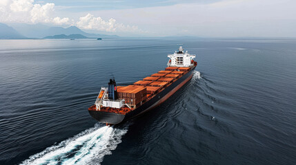 Large freighter vessel powering through ocean, surrounded by calm waters and distant mountains, showcasing vastness of maritime transport and trade