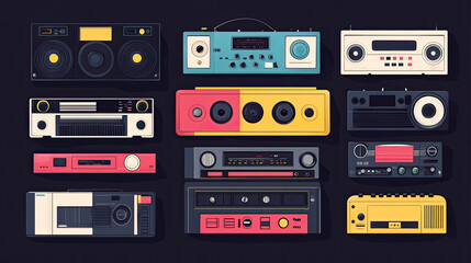Fototapeta premium Radio, tape recorder, music products, cassette tapes, black background illustrations