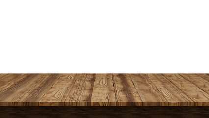 Empty wooden tabletop isolated on transparent background, perfect for product placement. PNG file