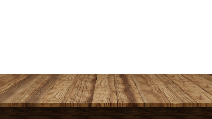 Empty wooden tabletop isolated on transparent background, perfect for product placement. PNG file