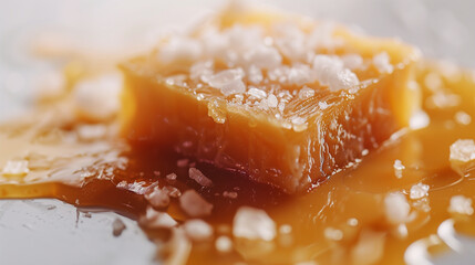 Close-up of salted caramel square drizzled with caramel sauce and sprinkled with sea salt