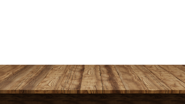 Empty wooden tabletop isolated on transparent background, perfect for product placement. PNG file