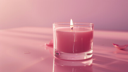 Lit candle in glass jar casting soft glow on pink surface with delicate ambiance