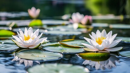 2410 82.A tranquil pond with multiple lily pads scattered across the water, each supporting delicate white and light pink water lilies. The sunlight softly illuminates the petals, casting gentle