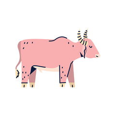 Flat cartoon vector illustration of a pink bull with striped horns, representing a stylized farm animal for educational and agricultural designs
