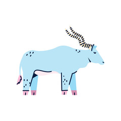 Flat cartoon vector illustration of a blue antelope with striped horns, perfect for wildlife-themed children’s materials, educational content, or decorative design