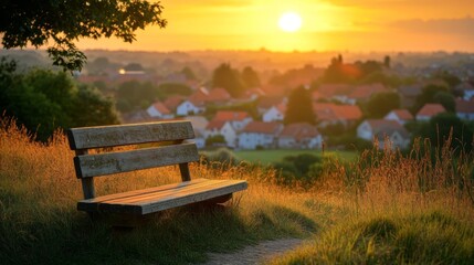 Fototapeta premium A Wooden Bench Overlooking a Village at Sunset