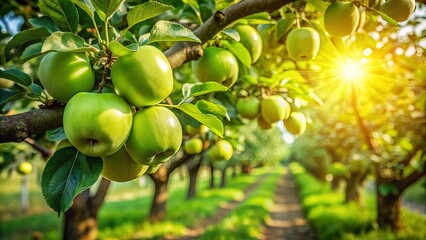 A Lush Orchard of Green Apples Bathed in Golden Sunlight, Rows of Trees Yielding a Bountiful Harvest