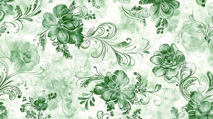 2410 105.A hand-drawn vector pattern of green watercolor flowers and paisley motifs, arranged in a seamless, vintage batik style. The soft, flowing lines and intricate floral details create a classic
