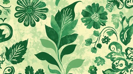 2410 106.A vintage-inspired floral pattern in green silhouette, featuring detailed paisley and ikat designs. The seamless vector illustration has a soft watercolor effect, giving the ethnic batik