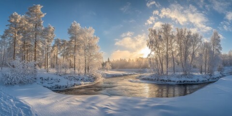 A panoramic view of a snowy forest with a river flowing through it. The sun is shining brightly in the sky, creating a beautiful winter landscape.