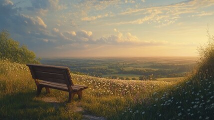 A wooden bench overlooking a vast rural landscape at sunset