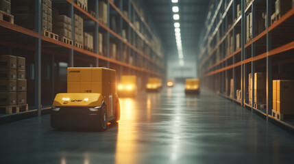 Obraz premium A modern warehouse is bustling with advanced robots moving goods from shelf to shelf. These autonomous machines are designed for optimal efficiency, carrying crates and boxes with perfect accuracy.