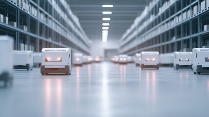 Obraz premium A fleet of automated robots is seen moving goods in a vast warehouse, each one navigating smoothly through rows of shelves. The warehouse is a hub of advanced logistics, where robots seamlessly