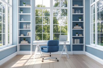 Serene home office with soft blue walls, a white desk, blue ergonomic chair, and minimalist blue shelving, all complemented by large white-framed windows.