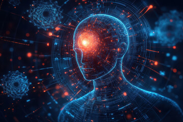 Obraz premium A computer generated image of a human brain with a red glowing eye. The image is surrounded by a blue background with a lot of red and blue dots. Scene is futuristic and somewhat eerie