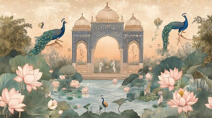 2410 131.A traditional Mughal pichwai illustration depicting a serene garden with blooming lotuses and elegant peacocks. The scene is framed by a grand Mughal arch, filled with fine decorative
