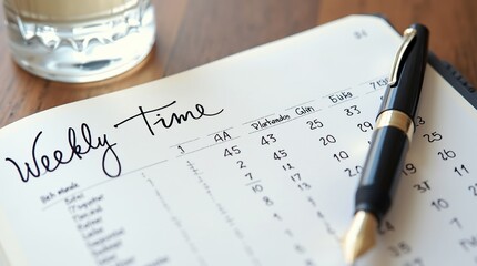 Weekly time sheet with pen on a desk for task tracking