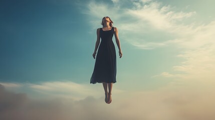 Mid-air beauty cought in moment. Full length shot of attractive young woman hovering in air and keeping eyes closed. Levitating in free falling, lack of gravity. Freedom, emotions, artwork concept. 