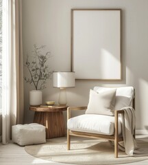 「アームチェア、木製のコーヒーテーブル、ベージュの壁に貼られたポスターのモックアップ、窓、インテリア。