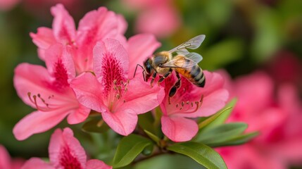 Bee Collecting Pollen on a Pink Azalea Blossom