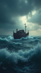 Fototapeta premium Noah's Ark navigating through a stormy sea with dark clouds