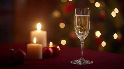 A crystal champagne glass on a festive table with glowing candlelight and a softly lit Christmas tree in the background, isolated on a deep burgundy background, space for text