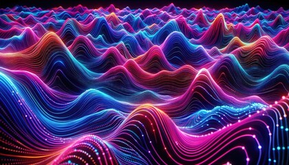 Hyper-Realistic Neon Wave Landscape: Futuristic Digital Artwork Featuring Vibrant Flowing Data Waves, Glowing Vertical Light Beams, and Dynamic Multi-Colored Lines in a Dark Setting