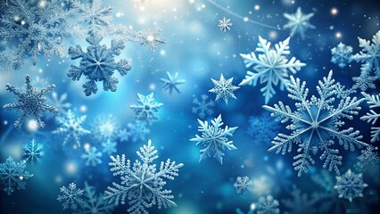 A symphony of intricate snowflakes dances on a canvas of vibrant blue, illuminated by a soft, ethereal glow.